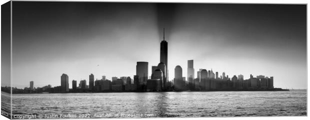 Lower Manhattan dawn skyline Panorama, New York Canvas Print by Justin Foulkes