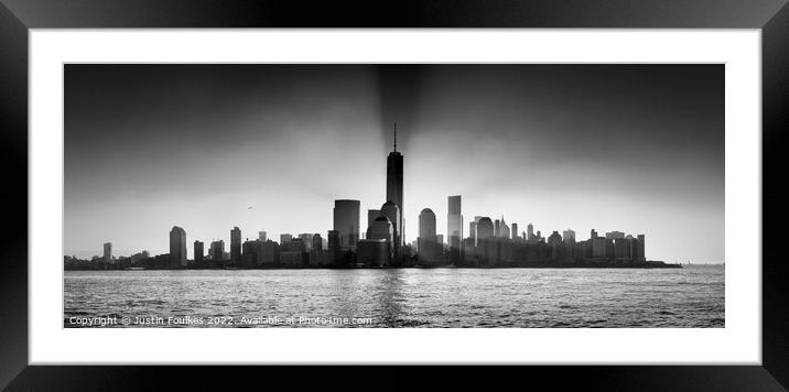 Lower Manhattan dawn skyline Panorama, New York Framed Mounted Print by Justin Foulkes