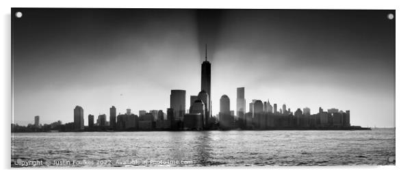 Lower Manhattan dawn skyline Panorama, New York Acrylic by Justin Foulkes