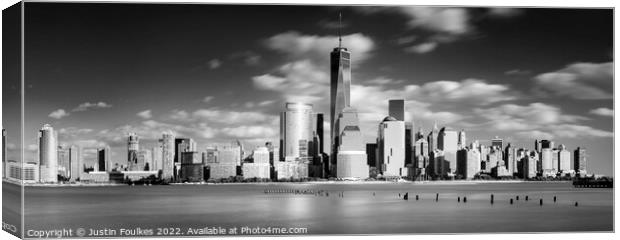 The Manhattan skyline in black and white, New York Canvas Print by Justin Foulkes