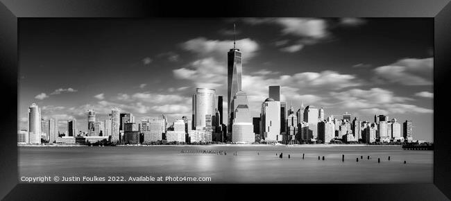 The Manhattan skyline in black and white, New York Framed Print by Justin Foulkes