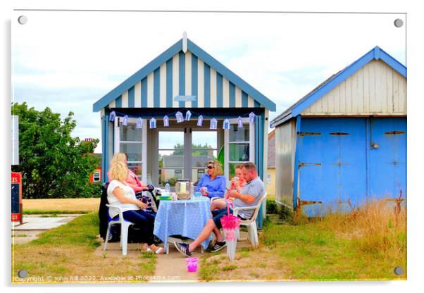 Beach hut tea party. Acrylic by john hill