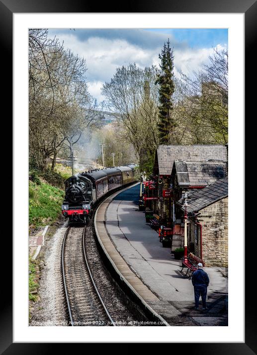 Steam Train approaching Haworth Station Framed Mounted Print by Joy Newbould