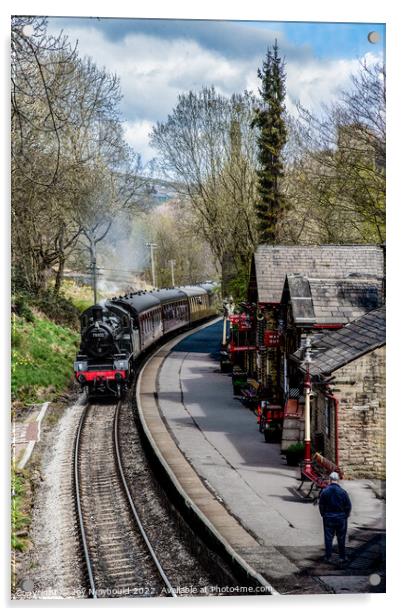 Steam Train approaching Haworth Station Acrylic by Joy Newbould