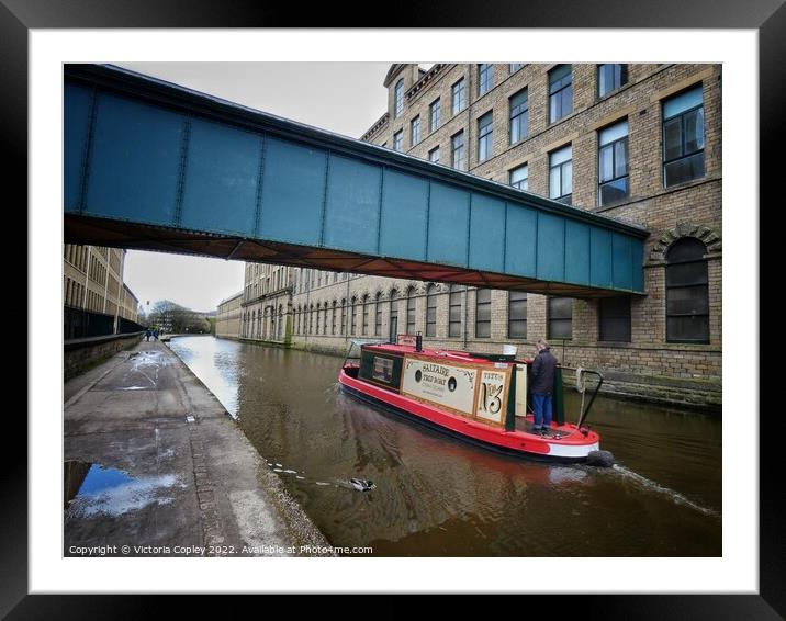 Canal boat at Saltaire Framed Mounted Print by Victoria Copley