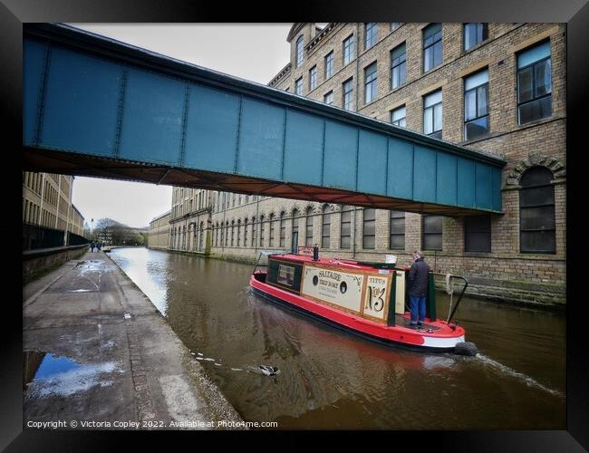 Canal boat at Saltaire Framed Print by Victoria Copley