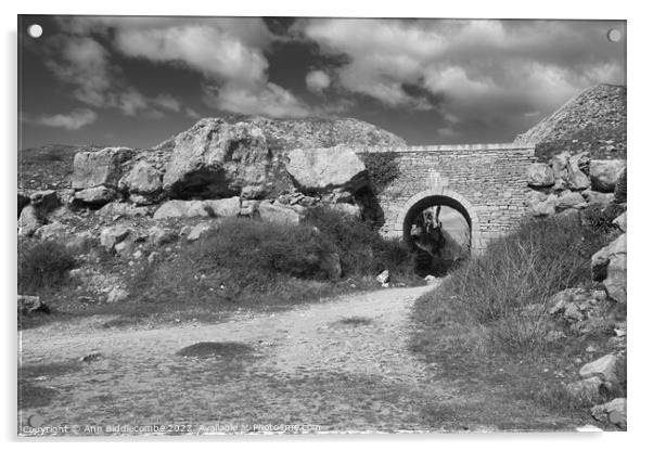 Stone archway at Portland Quarry in black and white Acrylic by Ann Biddlecombe