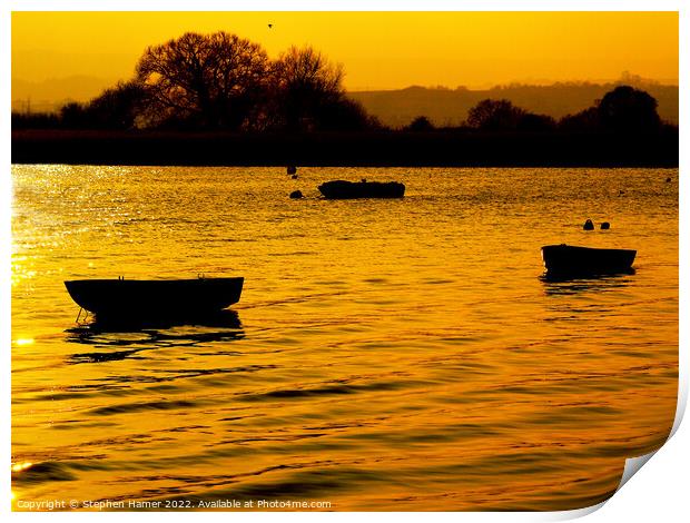 Sunset Silhouetted Boats Print by Stephen Hamer