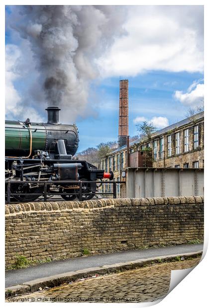 Steam engine departing Keighley station. Print by Chris North