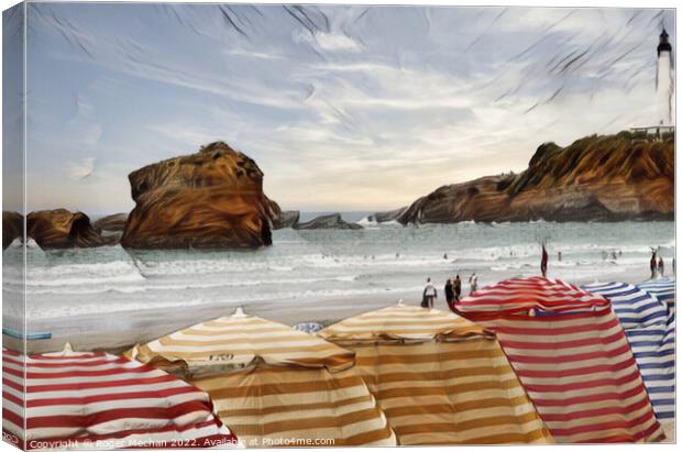 Striped Beach Tents in Biarritz Canvas Print by Roger Mechan