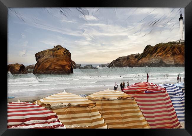 Striped Beach Tents in Biarritz Framed Print by Roger Mechan