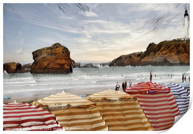 Striped Beach Tents in Biarritz Print by Roger Mechan
