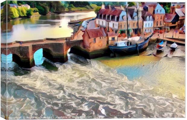 Ancient Bridge and Sailing Sloop in Auray Canvas Print by Roger Mechan