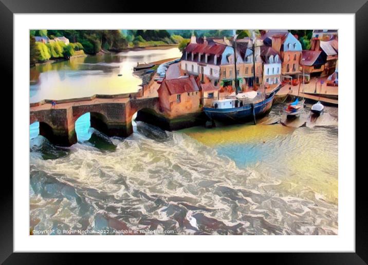 Ancient Bridge and Sailing Sloop in Auray Framed Mounted Print by Roger Mechan