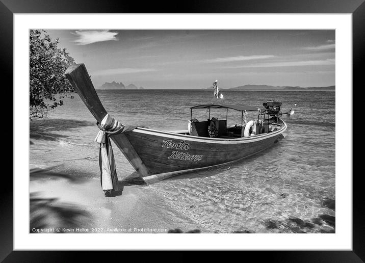 Long tailed boat on tropical island, Koh Naka, Phuket, Thailand Framed Mounted Print by Kevin Hellon
