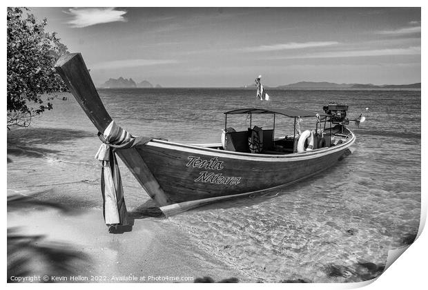 Long tailed boat on tropical island, Koh Naka, Phuket, Thailand Print by Kevin Hellon