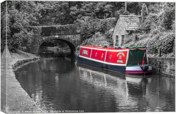 Narrowboat on the Huddersfield Narrow Canal. Uppermill, Oldham,  Canvas Print by Kevin Hellon