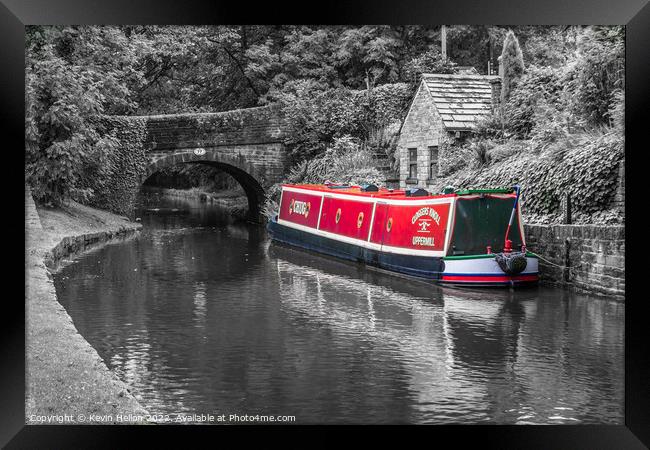 Narrowboat on the Huddersfield Narrow Canal. Uppermill, Oldham,  Framed Print by Kevin Hellon