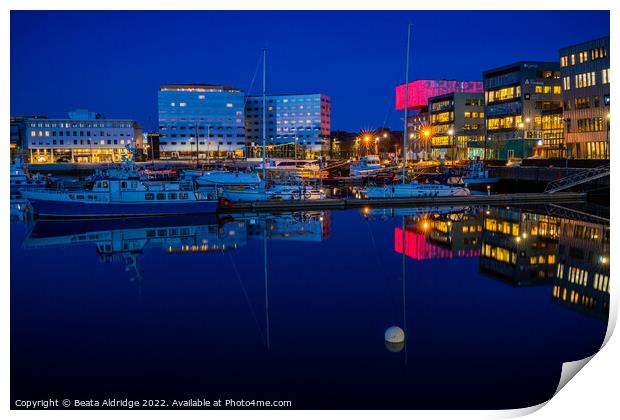 Trondheim blue hour reflections Print by Beata Aldridge