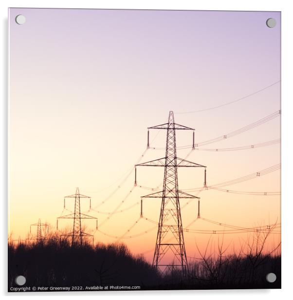 British Power Pylons On A Winters Evening Sunset Acrylic by Peter Greenway