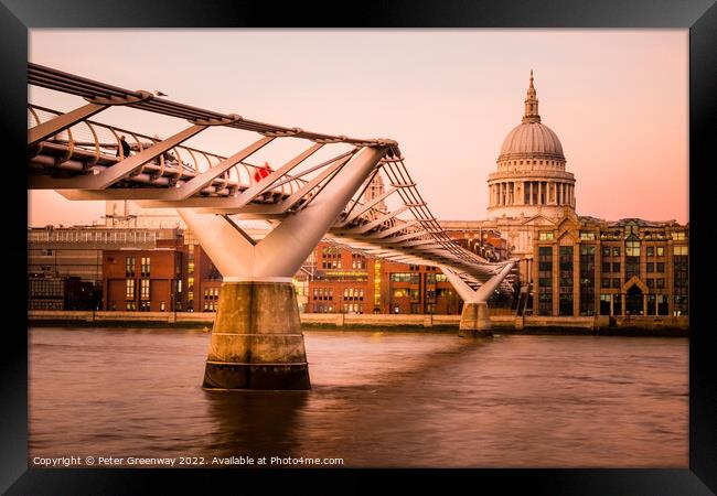 Millennium Bridge, St. Paul Cathedral, Thames River, London Framed Print by Peter Greenway