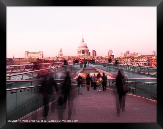 The Millennium Bridge, St Paul's Cathedral, London At Rush Hour Framed Print by Peter Greenway