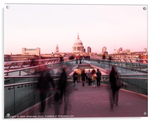 The Millennium Bridge, St Paul's Cathedral, London At Rush Hour Acrylic by Peter Greenway