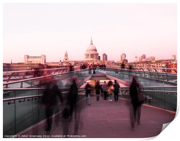The Millennium Bridge, St Paul's Cathedral, London At Rush Hour Print by Peter Greenway