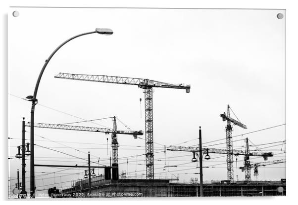 Cranes On A Building Site In Berlin Acrylic by Peter Greenway