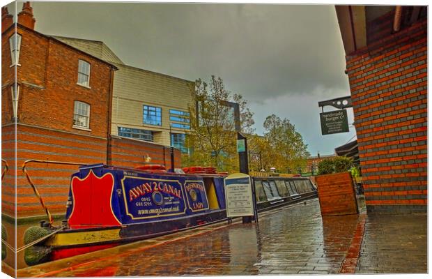 Canal Boat at the Waters` Edge, Brindley Place Canvas Print by Catchavista 