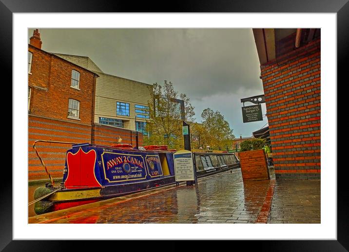 Canal Boat at the Waters` Edge, Brindley Place Framed Mounted Print by Catchavista 