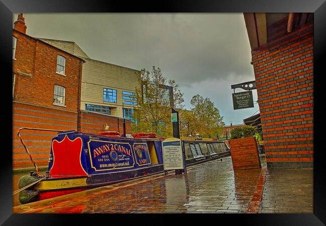 Canal Boat at the Waters` Edge, Brindley Place Framed Print by Catchavista 