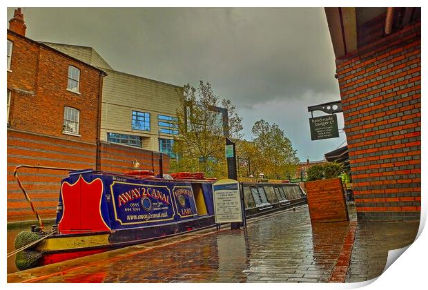 Canal Boat at the Waters` Edge, Brindley Place Print by Catchavista 