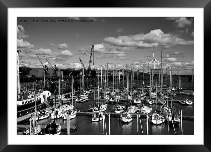 The Marina at South Harbour in Blyth, Northumberland - monochrome Framed Mounted Print by Jim Jones