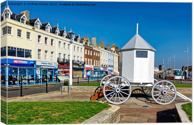Replica bathing machine  at Weymouth, Dorset, Engl Canvas Print by Andrew Harker
