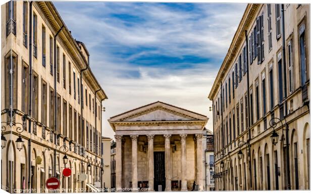 Street Shops Maison Caree Ancient Roman Temple Nimes Gard France Canvas Print by William Perry