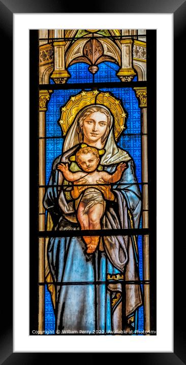 Mary Jesus Stained Glass  Saint Perpetue Church Nimes France Framed Mounted Print by William Perry
