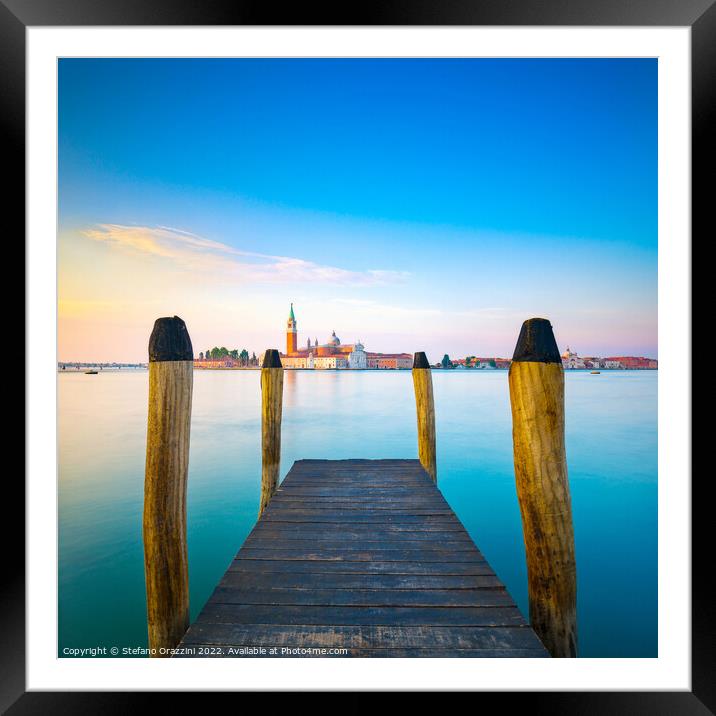 Venice, wooden pier and San Giorgio church Framed Mounted Print by Stefano Orazzini