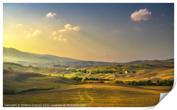 Landscape in Tuscany, rolling hills at sunset Print by Stefano Orazzini