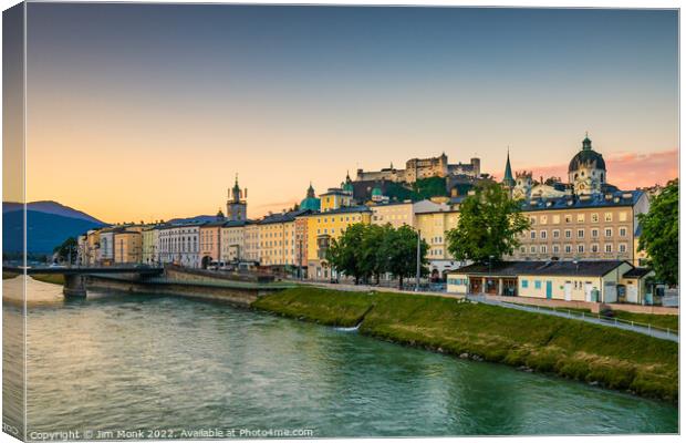 Salzach River and Old Town, Salzburg Canvas Print by Jim Monk