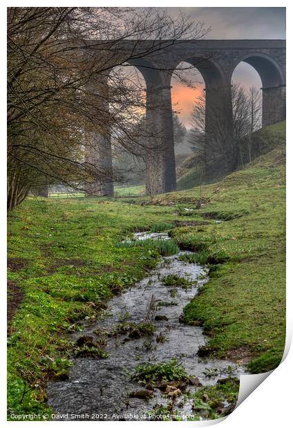 A viaduct over a body of water after heavy rain. Print by David Smith