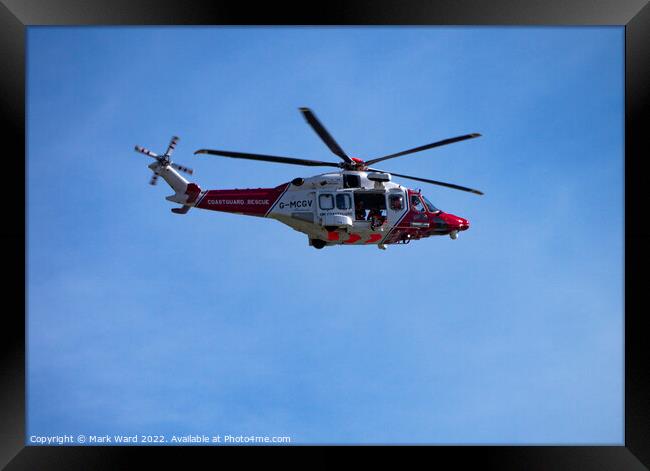 Coastguard Rescue Helicopter over Rye. Framed Print by Mark Ward