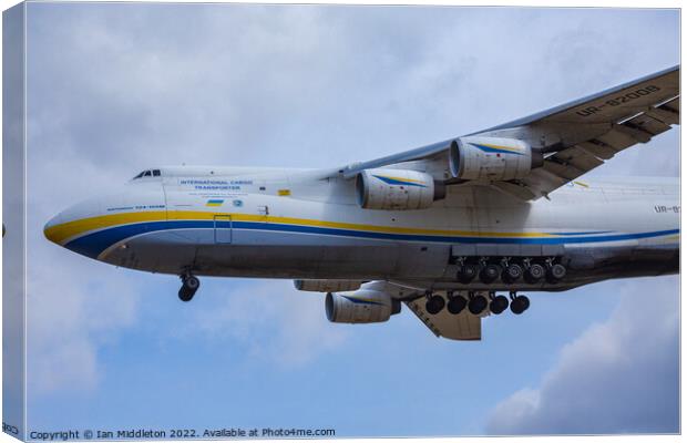 Antonov AN-124 cargo plane landing at Ljubljana Joze Pucnik Airp Canvas Print by Ian Middleton