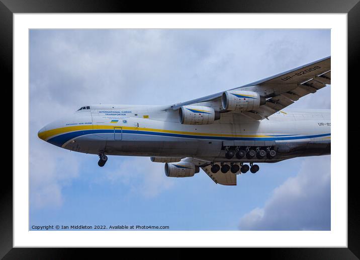 Antonov AN-124 cargo plane landing at Ljubljana Joze Pucnik Airp Framed Mounted Print by Ian Middleton