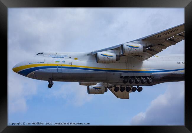 Antonov AN-124 cargo plane landing at Ljubljana Joze Pucnik Airp Framed Print by Ian Middleton