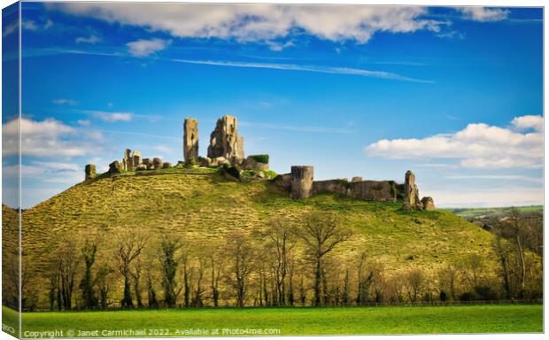 Majestic Corfe Castle in Spring Canvas Print by Janet Carmichael