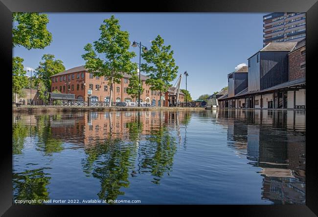 Reflections in the canal basin Framed Print by Neil Porter