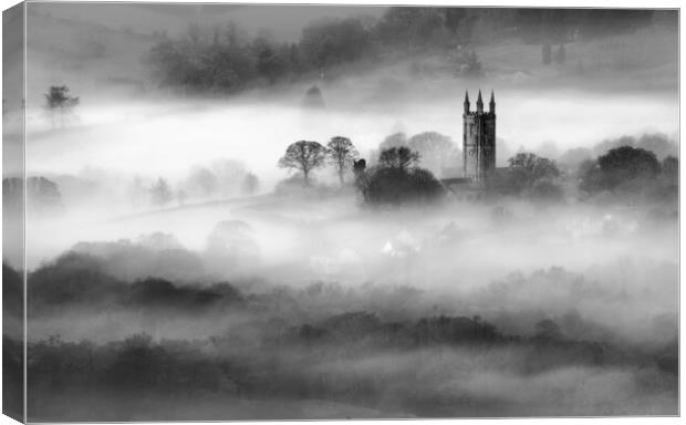 Widecombe-in-the-Mist - black and white Canvas Print by David Neighbour