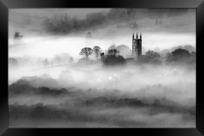 Widecombe-in-the-Mist - black and white Framed Print by David Neighbour