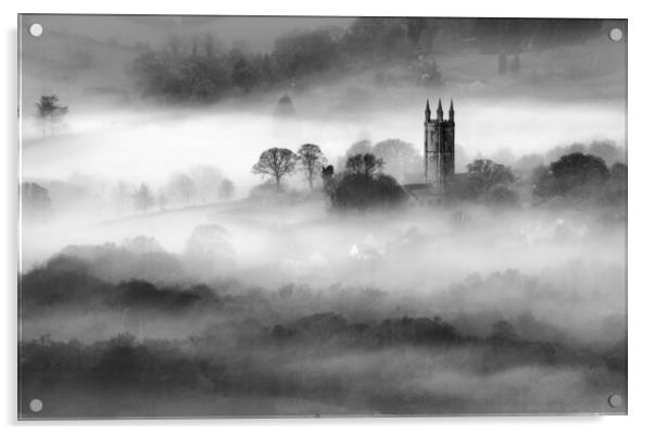 Widecombe-in-the-Mist - black and white Acrylic by David Neighbour